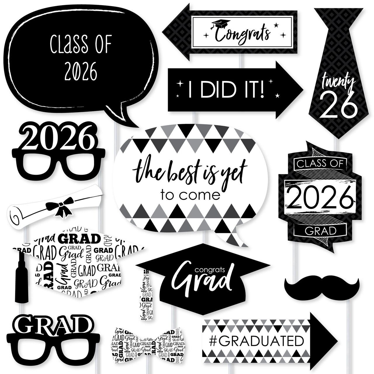Big Dot of Happiness Black and White 2026 Graduation Party Photo Booth Props Kit - 20 Count